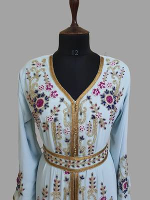 Sky-Blue color Handmade Moroccan Kaftan with hijjab 2