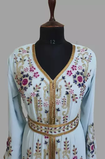 Sky-Blue color Handmade Moroccan Kaftan with hijjab