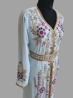 Sky-Blue color Handmade Moroccan Kaftan with hijjab 3