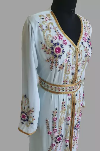 Sky-Blue color Handmade Moroccan Kaftan with hijjab