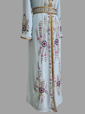 Sky-Blue color Handmade Moroccan Kaftan with hijjab 4