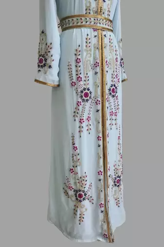 Sky-Blue color Handmade Moroccan Kaftan with hijjab