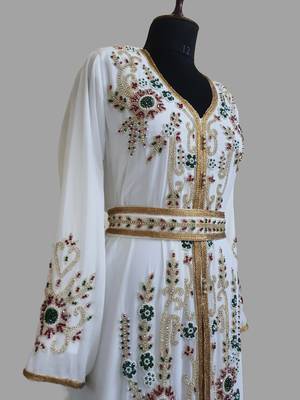 Off-White color Handmade Moroccan Kaftan with hijjab 2