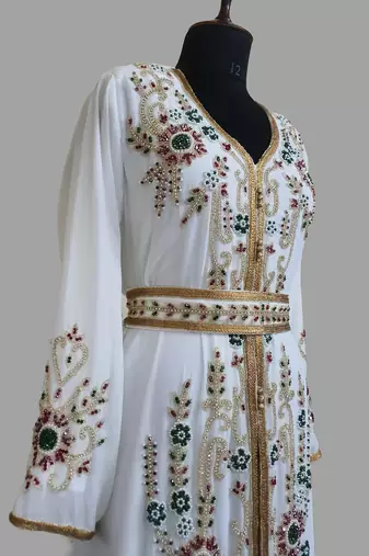 Off-White color Handmade Moroccan Kaftan with hijjab