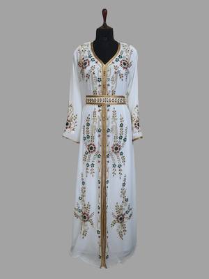 Off-White color Handmade Moroccan Kaftan with hijjab 3