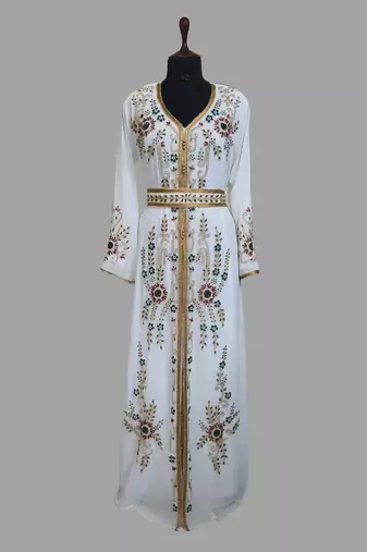 Off-White color Handmade Moroccan Kaftan with hijjab
