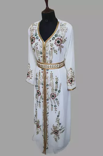 Off-White color Handmade Moroccan Kaftan with hijjab