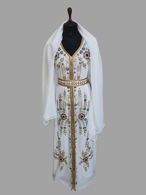 Off-White color Handmade Moroccan Kaftan with hijjab 5