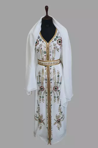 Off-White color Handmade Moroccan Kaftan with hijjab