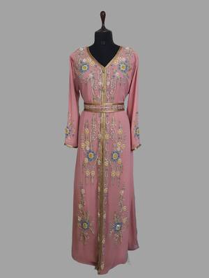 Peach color Handmade Moroccan Kaftan with hijjab 1