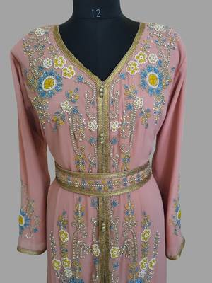 Peach color Handmade Moroccan Kaftan with hijjab 2