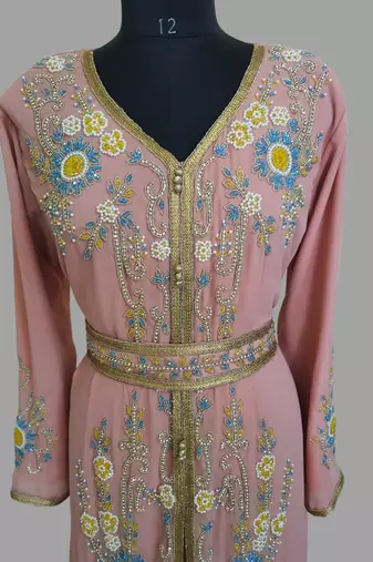 Peach color Handmade Moroccan Kaftan with hijjab