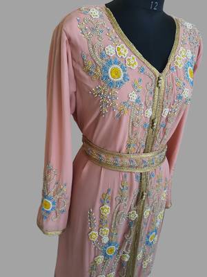 Peach color Handmade Moroccan Kaftan with hijjab 3