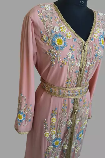 Peach color Handmade Moroccan Kaftan with hijjab