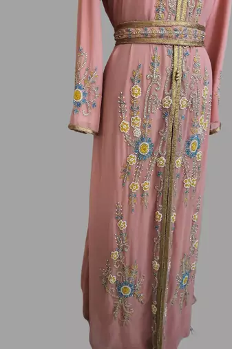 Peach color Handmade Moroccan Kaftan with hijjab