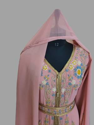Peach color Handmade Moroccan Kaftan with hijjab 5