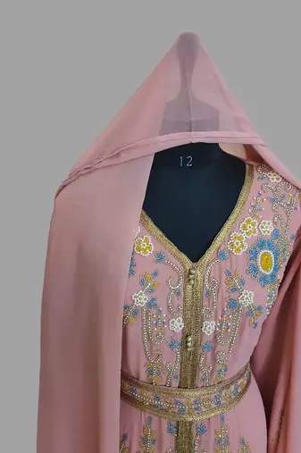 Peach color Handmade Moroccan Kaftan with hijjab