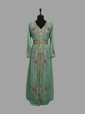 Pear Green color Handmade Moroccan Kaftan with hijjab 1