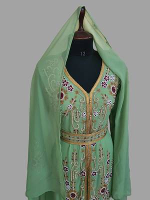 Pear Green color Handmade Moroccan Kaftan with hijjab 2
