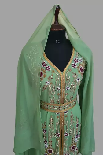 Pear Green color Handmade Moroccan Kaftan with hijjab
