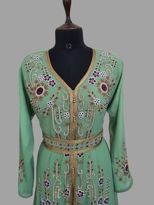 Pear Green color Handmade Moroccan Kaftan with hijjab 3