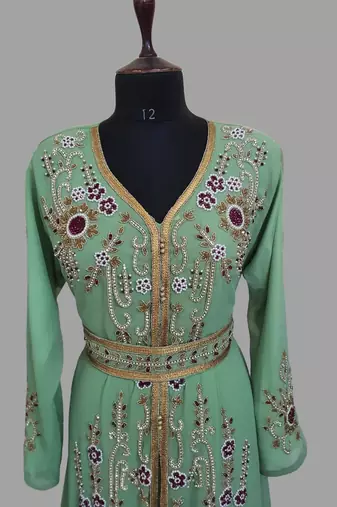 Pear Green color Handmade Moroccan Kaftan with hijjab