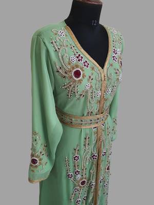 Pear Green color Handmade Moroccan Kaftan with hijjab 4