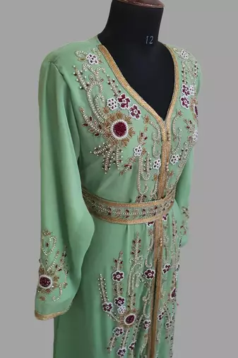 Pear Green color Handmade Moroccan Kaftan with hijjab