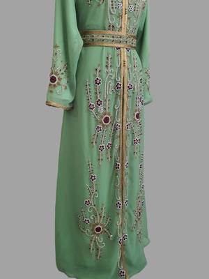 Pear Green color Handmade Moroccan Kaftan with hijjab 5