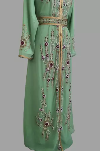 Pear Green color Handmade Moroccan Kaftan with hijjab
