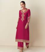 Red chinon digital print embroidered semi stitched salwar suit