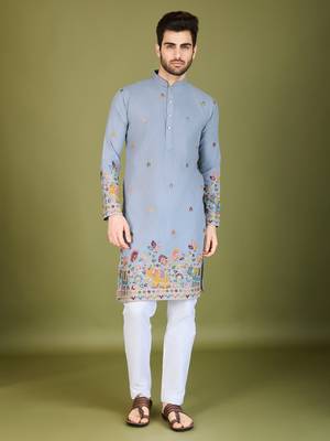 sky blue cotton thread & sequins embroidered straight kurta 7