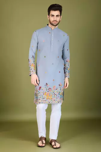 sky blue cotton thread & sequins embroidered straight kurta
