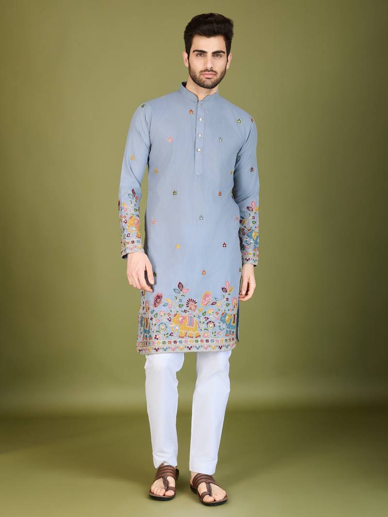 sky blue cotton thread & sequins embroidered straight kurta