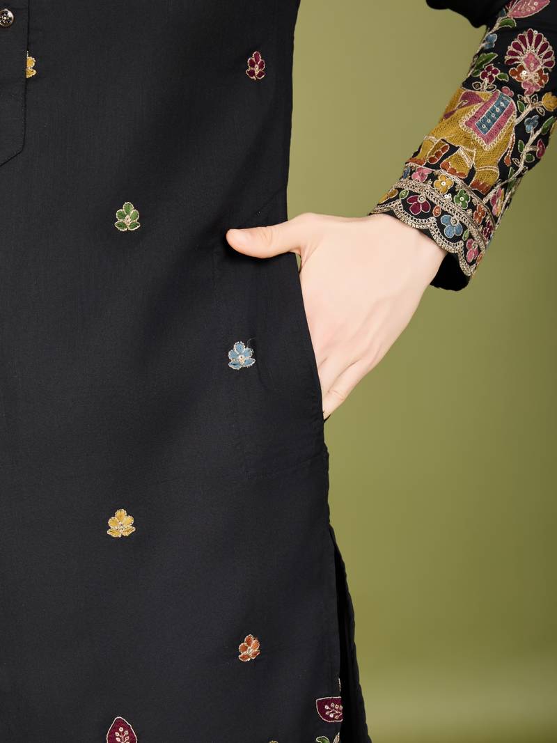 black cotton thread & sequins embroidered kurta