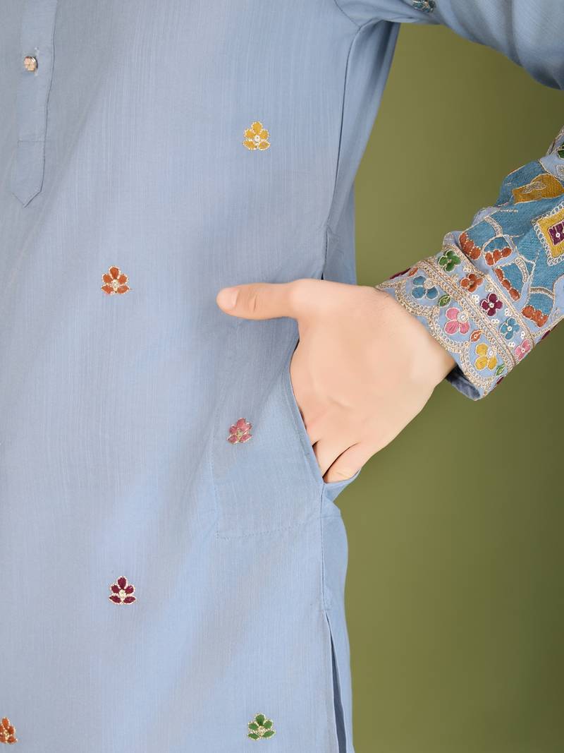 sky blue cotton thread & sequins embroidered straight kurta