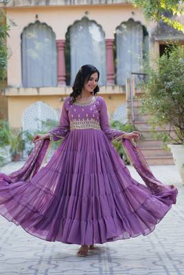 Purple georgette sequins embroidered ruffle flared gown with heavy dupatta 3