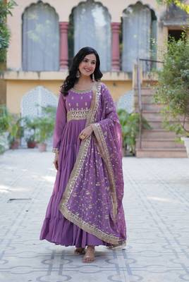 Purple georgette sequins embroidered ruffle flared gown with heavy dupatta 4