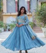 Sky georgette sequins embroidered ruffle flared gown with heavy dupatta