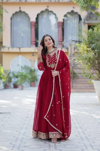Maroon georgette sequins embroidered falred gown with heavy dupatta