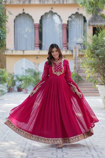 Pink georgette sequins embroidered falred gown with heavy dupatta