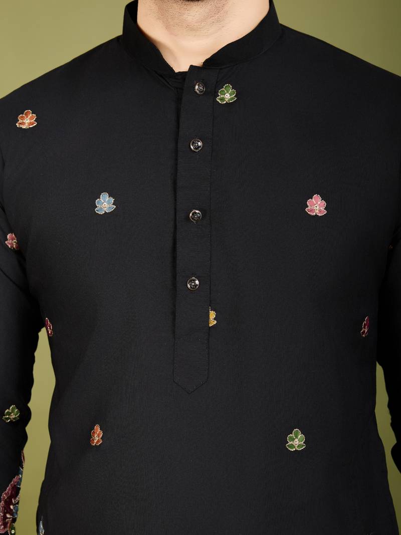 black cotton thread & sequins embroidered kurta