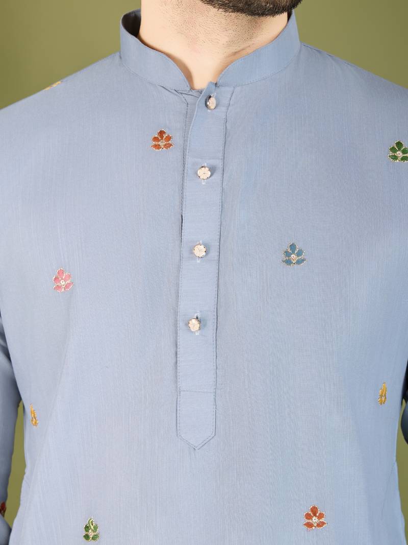 sky blue cotton thread & sequins embroidered straight kurta