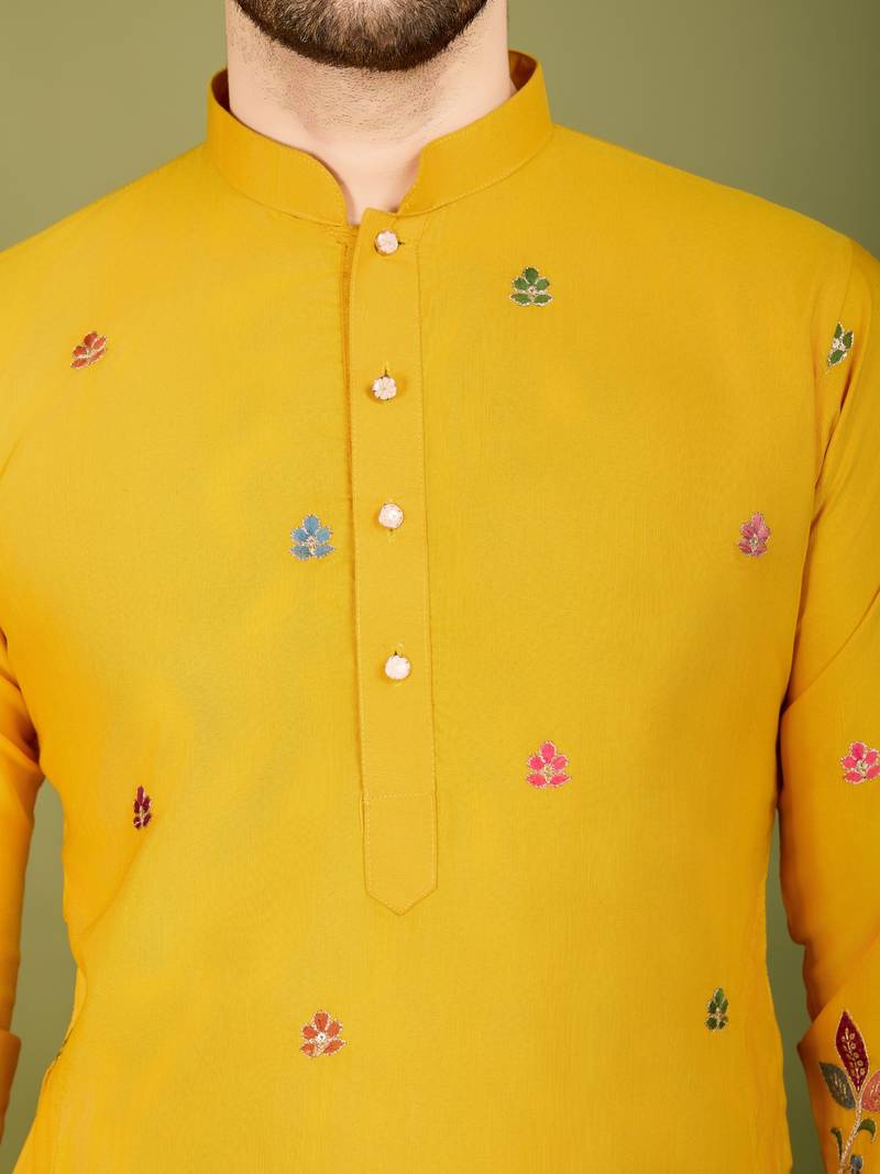 Yellow cotton thread & sequins embroidered work wedding ceremony festival marriage party wear straight kurta