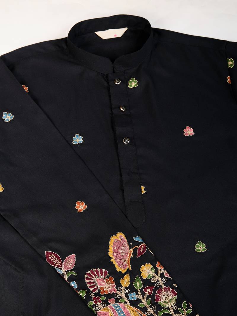 black cotton thread & sequins embroidered kurta