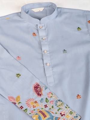 sky blue cotton thread & sequins embroidered straight kurta 10