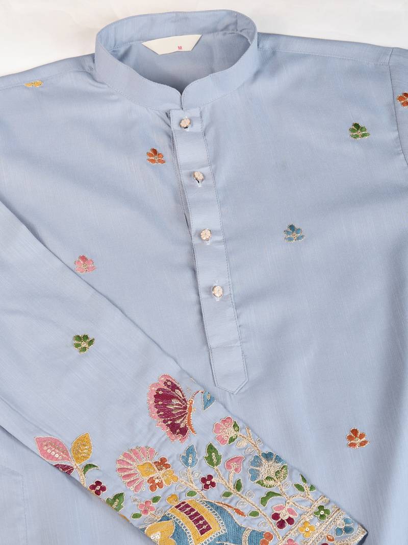 sky blue cotton thread & sequins embroidered straight kurta