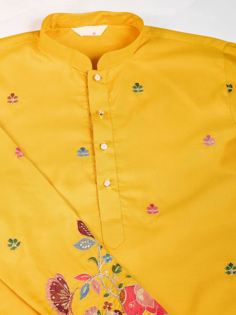 Yellow cotton thread & sequins embroidered work wedding ceremony festival marriage party wear straight kurta