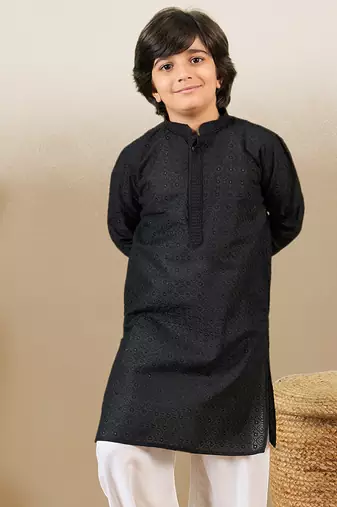 stylish chikankari embroidered black kurta for boys