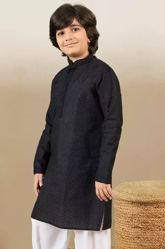stylish chikankari embroidered black kurta for boys